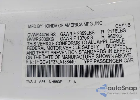 2018 Honda Accord Sport из США, поврежденный, VIN 1HGCV1F37JA188440